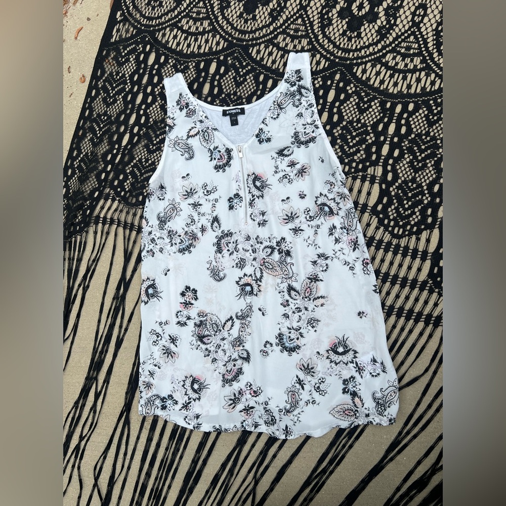 Express Paisley Floral V Neck Zip Front Sleeveless Blouse Top Semi Sheer Small - Picture 8 of 10